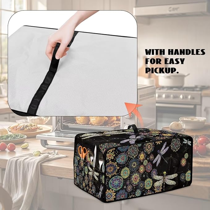 Boho Mandala Dragonfly Print Toaster Oven Cover Dust-Proof Microwave Oven Cloth Cover with Storage Pockets Waterproof Kitchen Machine Covers Case Protections Protector, L