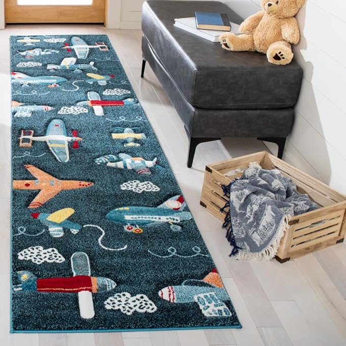 SAFAVIEH Carousel Kids Collection Runner Rug - 2'3" x 6', Navy & Ivory, Non-Shedding & Easy Care, Ideal for High Traffic Areas for Boys & Girls in Playroom, Nursery, Bedroom (CRK167N)