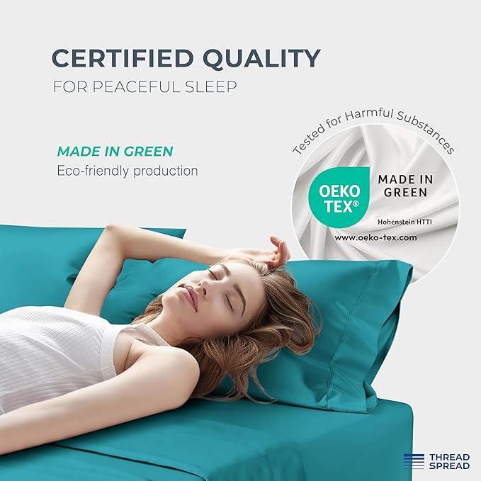 THREAD SPREAD 100% Egyptian Cotton Sheets California King Size Bed Set - 4 PC 1500 Luxury High Thread Count Teal Cal King Bed Sheets, Silky Soft, Cooling, Sateen, 17" Deep Pocket Bedsheet Set