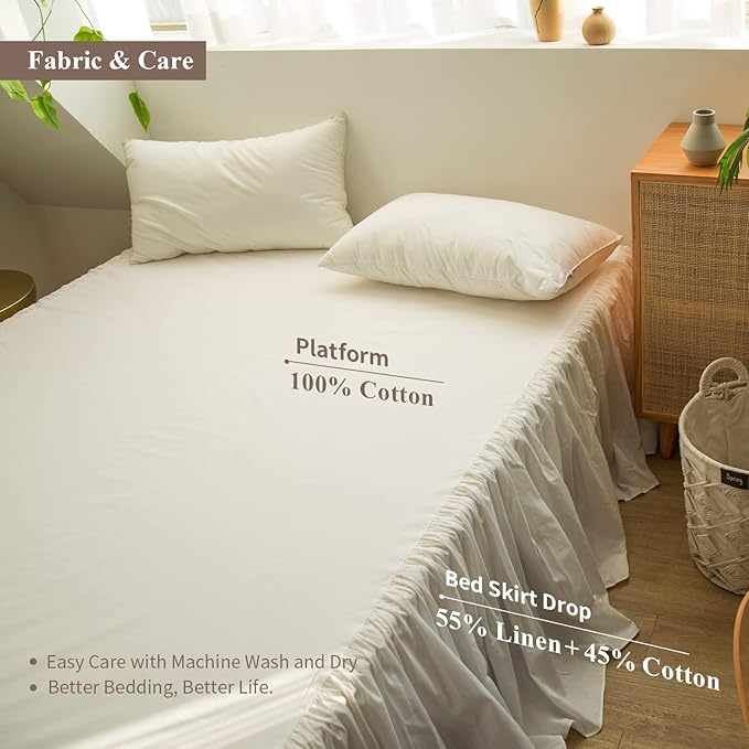 BISELINA French Linen Bed Skirt with Pleated Frills 22-Inch Tailored Drop Natural Flax Cotton Blend Dust Ruffle Soft Cozy Farmhouse Bedding (22" Queen, White)
