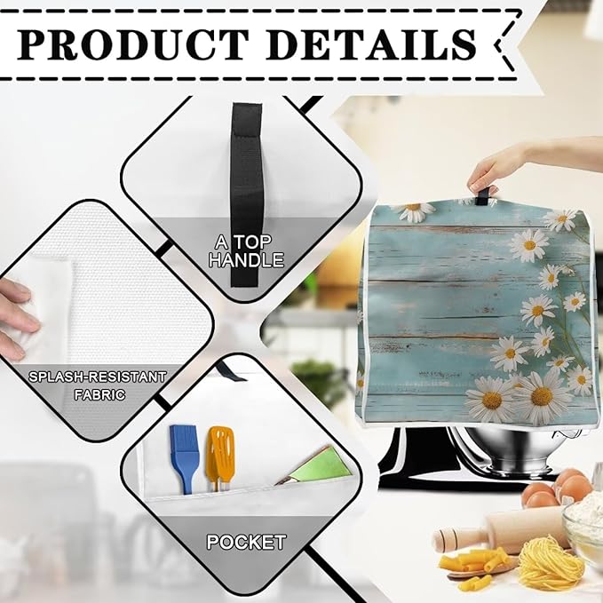 Daisy Stand Mixer Cover Teal Wood Kitchen Appliance Cover for 4.5-5 Quart Mixers Washable Food Processor Protective Covers Kitchen Mixers Accessories