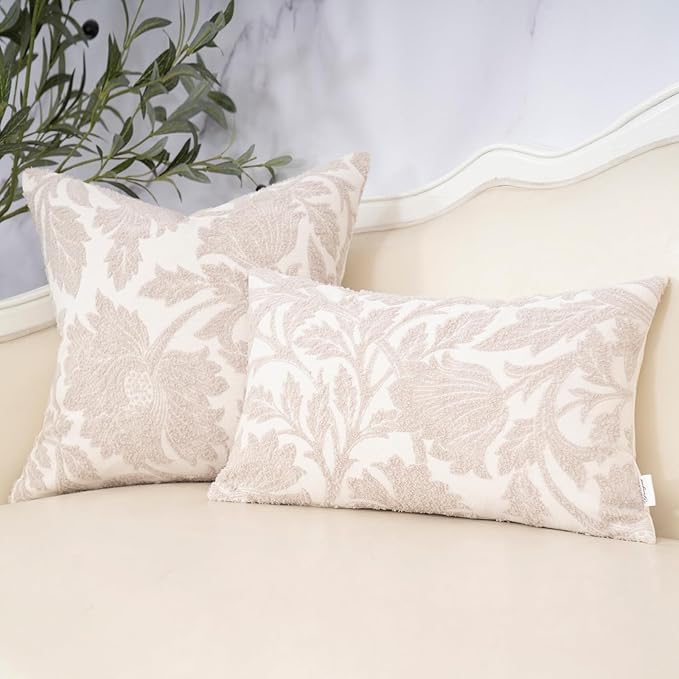 Yangest Chenille Floral Pillow Cover 20 x 20 Inches, Neutral Jacquard Square Throw Pillow Cover Soft Decorative Nature Accent Couch Pillow Cover for Living Room Bedroom, Beige