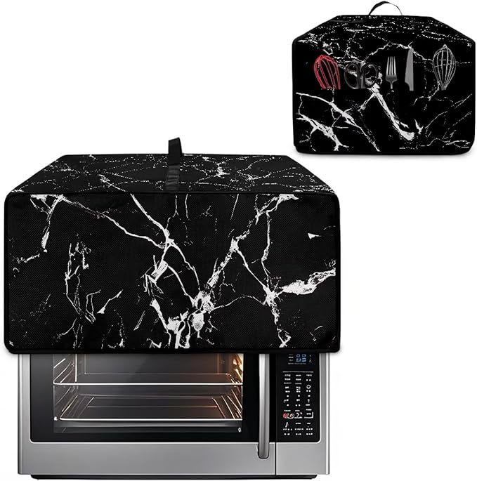 Air Fryer Toaster Oven Dust Cover Protective Microwave Oven Cover with Pockets, Dust-proof Countertop Appliance Protector, M, 16.5 x 20.5 x 10 Inches, Black Marble White Crack