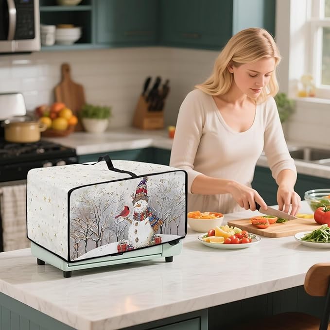 Christmas Air Fryer Toaster Oven Dust Cover Dustproof Convection Oven Cover with Pockets for Small Kitchen Appliances, S, 14.5 x 18.5 x 9 Inches, Snowman Cardinal Bird Tree Star White