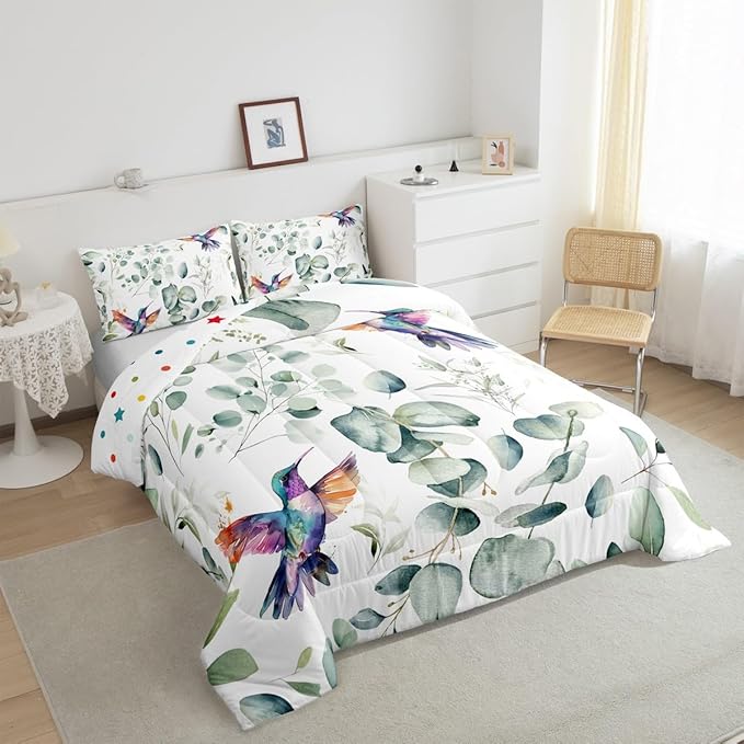 Erosebridal Cartoon Hummingbird Bedding Twin Toddler Wildlife Bird Comforter Set Twin, Plant Duvet Insert Eucalyptus Leaf Quilt Comforter, Jungle Animal Theme Bedding Comforters & Sets Kids Room Decor