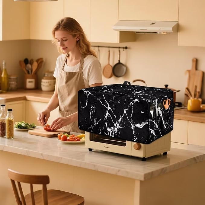 Air Fryer Toaster Oven Dust Cover Protective Microwave Oven Cover with Pockets, Dust-proof Countertop Appliance Protector, S, 14.5 x 18.5 x 9 Inches, Black Marble White Crack