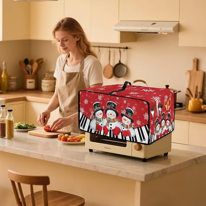 Christmas Air Fryer Toaster Oven Cover with Side Pockets, Holiday Festival Decor Electrical Appliance Cover Kitchen Countertop Accessories and Decor, M, Snowman Piano Keys Snowflake Red