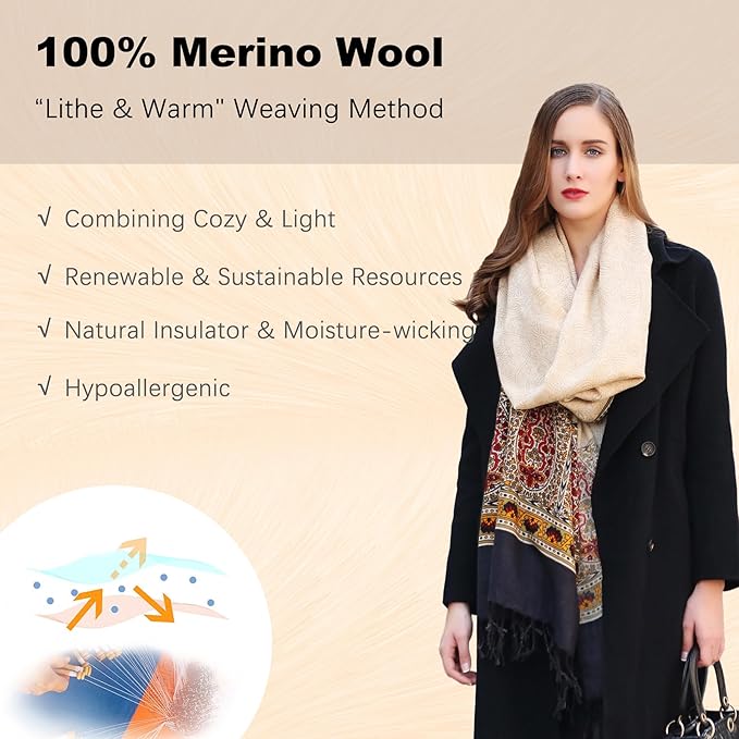 DANA XU 100% Merino Wool Extra Large Pashmina Blanket Travel Scarf Cashmere Wrap for Women Fall Winter Oversize Shawl Floral
