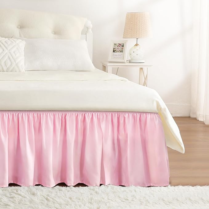 RIMELA Dusty Pink Bed Skirt King Size 15 Inch Drop, Wrap Around Elastic Bedskirt, Dust Ruffle for Adjustable Bed Base Machine Washable Easy to Install Bed Skirts