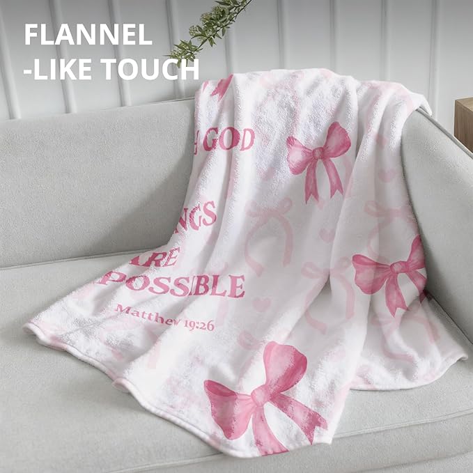 Coquette Pink Bow Christian Blanket, with God All Things are Possible Bible Verse Inspirational Throw Blankets for Girly Room Bedroom Dorm Couch Bed Decor, Preppy Religious Blanket, 50x60 Inch
