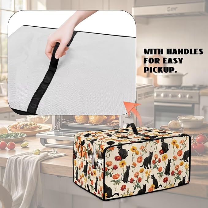 Black Cat Rose Daisy Floral Print Microwave Oven Cover with Storage Pockets Toaster Oven Dust Cover Universal Dustproof Kitchen Appliance Protector Suitable for Most Microwave Ovens, M