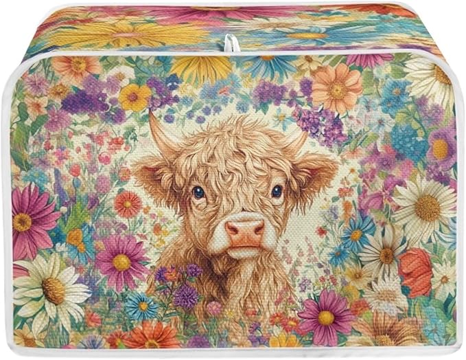 ZFRXIGN Flower Highland Cow Toaster Covers 2 Slice Toaster Dust Cover Hippie Toaster Bag Kitchen Appliance Covers Toaster Oven Dustproof Cover Washable Western Cattle Toaster Cover