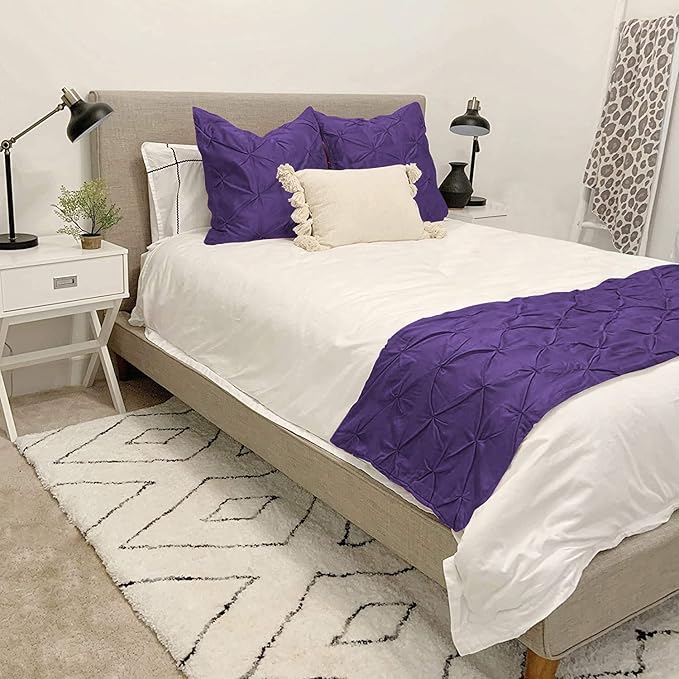 Bed Runner Set - 100% Pure Cotton 800 Thread Count - Luxury 1 Pinch Pleated Bed Runner and 2 Pillow Cover - 3 Piece Pinch Pleated Bed Runner Set California King, Purple