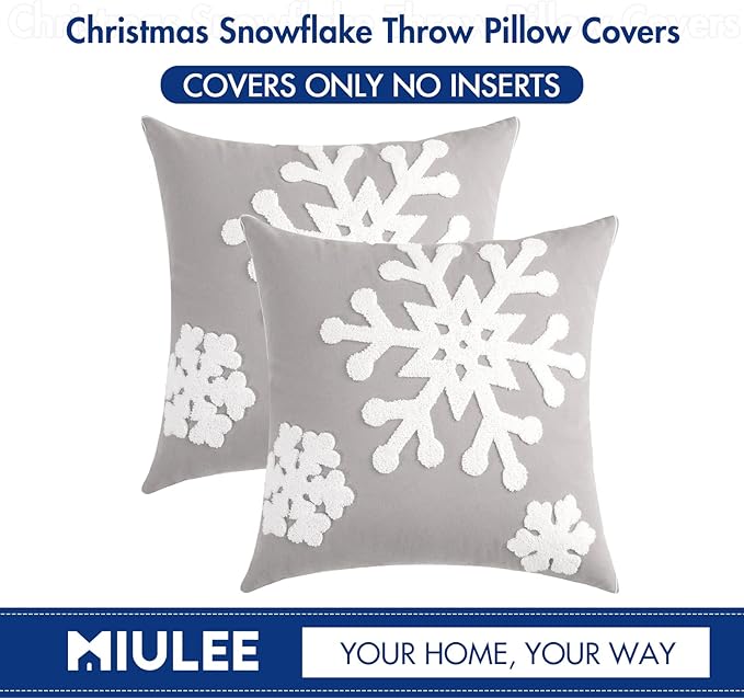 MIULEE Pack of 2 Christmas Decorative Snowflake Throw Pillow Covers Canvas Embroidery Winter Cushion Cases Holiday Decor Soft Pillowcases for Winter Couch Sofa Bedroom Car（Grey, 18x18in）