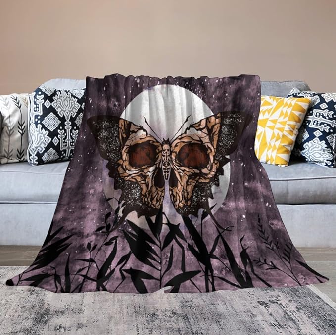 Death Moth Blanket, Boho Gothic Skull Moth Purple Starry Plant Full Moon Mysterious Witchy Throw Blanket for Couch Sofa Office Bed Travelling Bed Throws, 50"x60"
