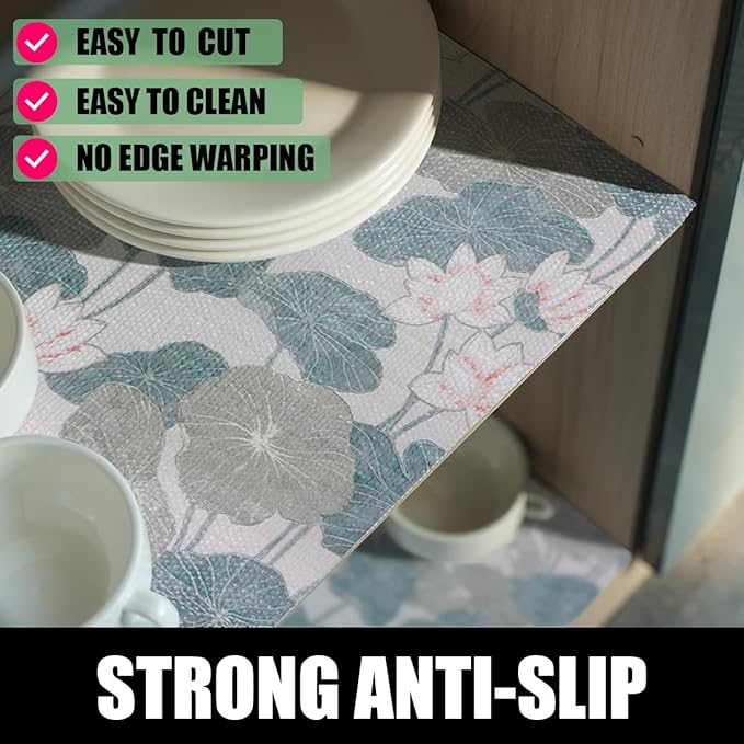 Shelf and Drawer Liner for Cabinets, Non-Adhesive and Strong Non-Slip Lotus Flower Shelf Cabinet Drawer Liners for Kitchen,Table,Bookshelves,Waterproof Cupboard Liners,12IN x 10FT