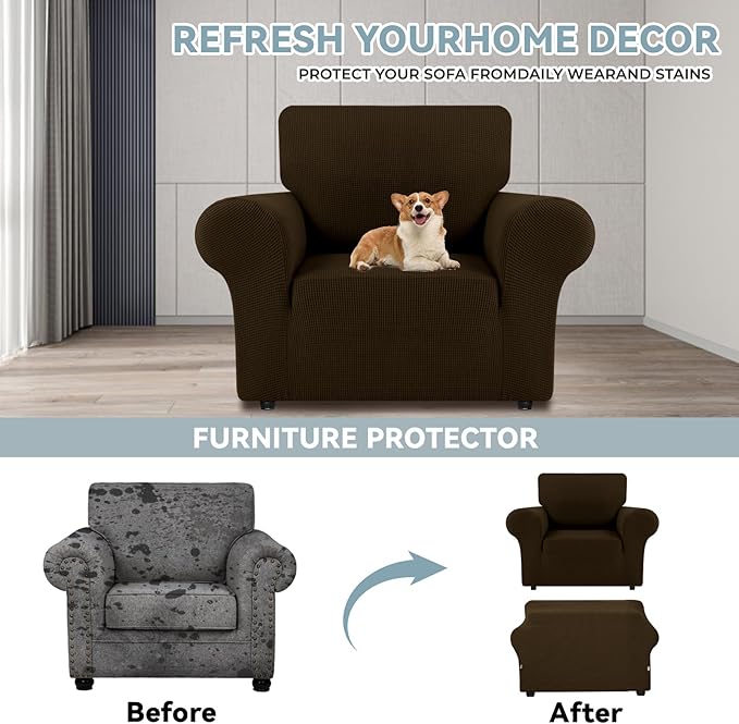 LURKA Stretch Chair Sofa Slipcovers 1 Piece Couch Covers for Sofa Furniture Protector Full Sofa Covers with Elastic Bottom for Kids and Dog (Brown, Small)