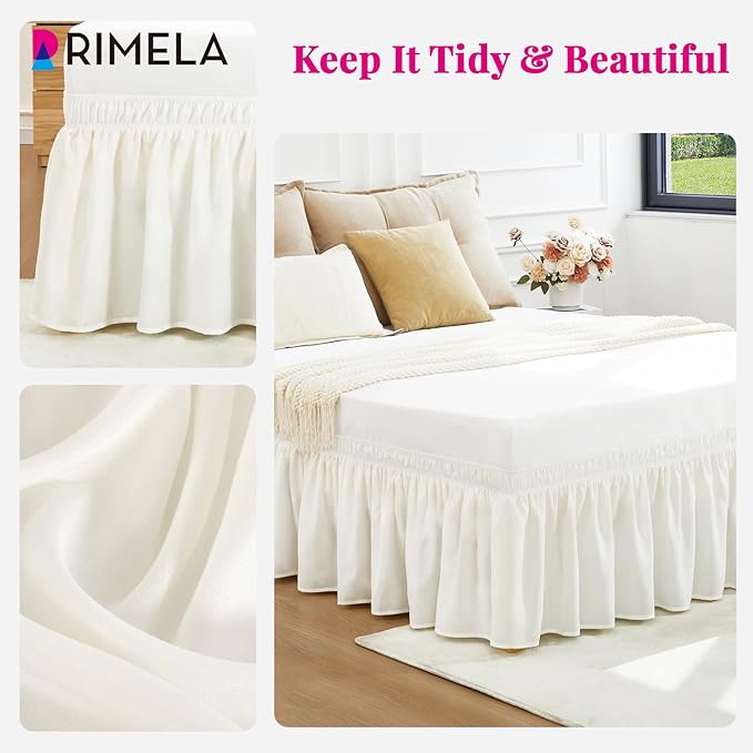 RIMELA White Bed Skirt Queen Size 12 Inch Drop, Wrap Around Elastic Adjustable Bedskirt, Bed skirting Dust Ruffle for Bed Frame & Box Spring Soft Durable Fabric Machine Washable Easy to Install