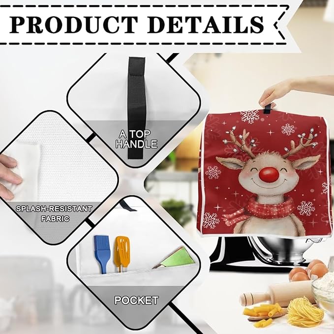 Christmas Reindeer Stand Mixer Cover 6-8 Quart Kitchen Mixer Cover Washable Food Processor Protective Covers Dust Protection Insulated Kitchen Appliance Cover Xmas Decor