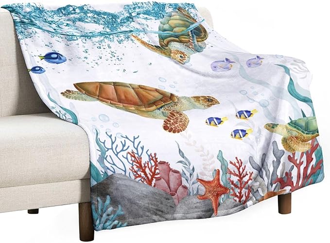 Sea Turtle Throw Blanket, Teal Blue Ocean Underwater Animal Starfish Fish Nautical Coastal Theme Fleece Flannel Blanket for Couch Sofa Bedroom Adults Kids, 40"x50"