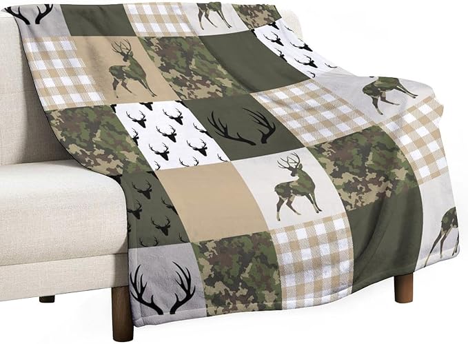 Camouflage Deer Blanket, Vintage Camo Green Beige Plaid Rustic Cabin Wildlife Hunting Blankets for Mens Room Bed Sofa, 60"x80"