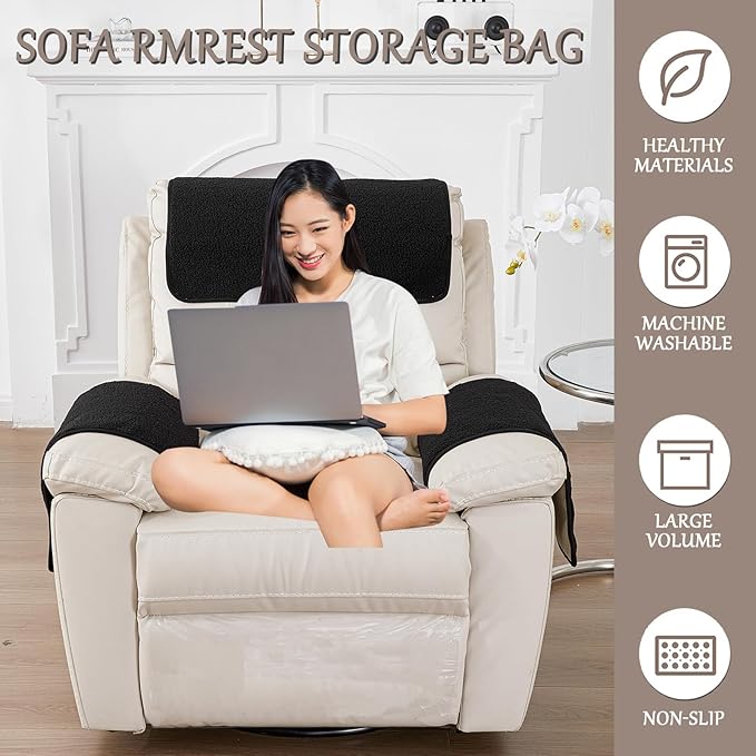 Armrest Cover, Recliner Chair Protector, Furniture Protector Slip, Side Storage Pocket, Stretch Armchair Couch Arm Rest Cover for Recliner, Chair, Sofa (Black,3 Seater(5pcs))