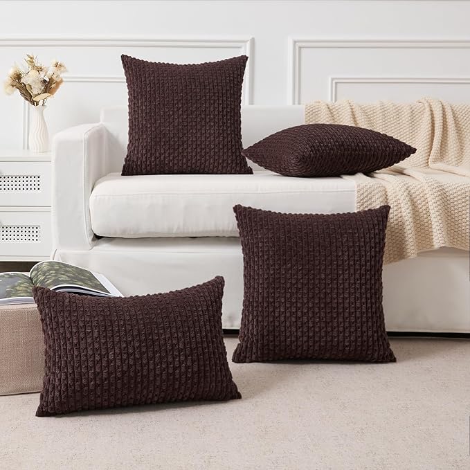 Kevin Textile 14x24 Inch Pillow Cover 1 Pack Boho Decorative Soft Striped Corduroy Lumbar Farmhouse Accent Rectangle Cushion Case for Living Room Couch Sofa Bed, Coffee