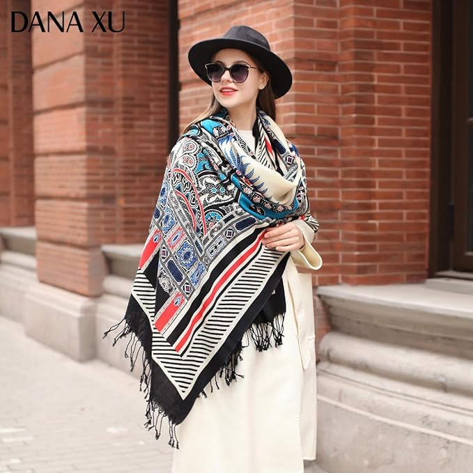 DANA XU 100% Merino Wool Pashmina Shawl for Women 96"x43", Oversized Cashmere Wrap with Tassels, Floral Travel Blanket Cape
