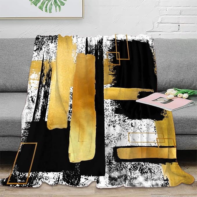 Modern Abstract Geometric Fleece Blanket,Black White Gold Oil Painting Art Throw Blanket for Bed Couch Chair Living Room 50x60inch(127x152cm)