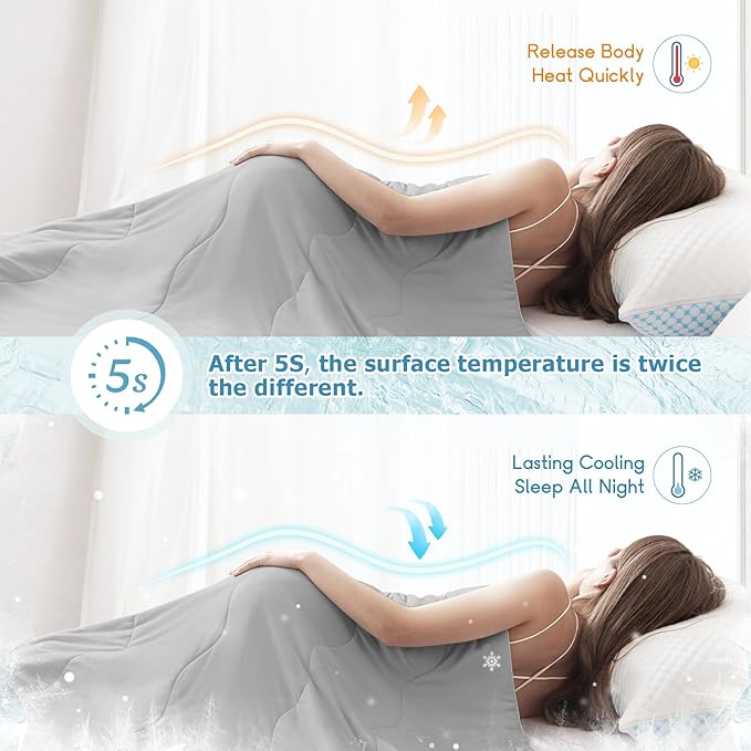 EASELAND Cooling Comforter Queen, Cold Touch Fabric Absorbs Body Heat, Double-Sided Cool Design Soft Fluffy Cooling Blanket for Night Sweats Hot Sleeper(Grey, Queen(90"x90"))