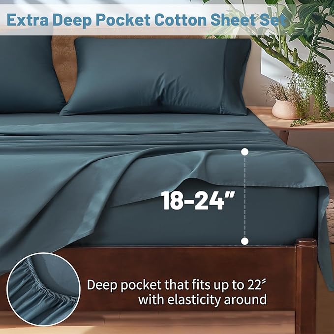 Extra Deep Pocket California King Sheets 18-24 Inch 100% Egyptian Cotton 1000 Thread Count Sateen Weave Soft Breathable 4 Pieces（California King,Lake Blue）