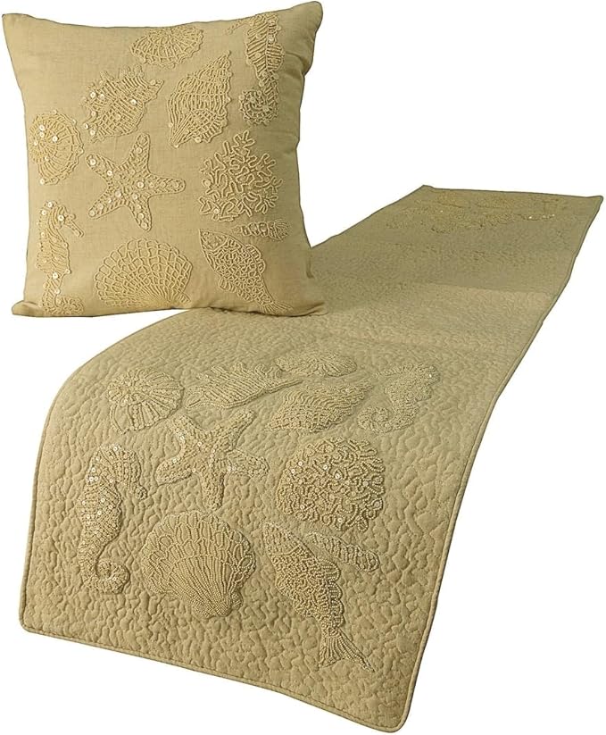 The HomeCentric King Queen Twin Beige Handmade CA King 86"x18" Bed Runner Without Pillow Cover, Pearl Embroidery Bed Scarf on Linen Fabric - Off to The Sea