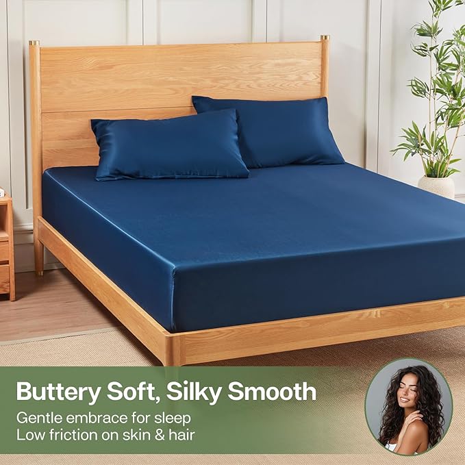 MR&HM Twin XL Fitted Sheet Only, Ultra-Soft Rayon Derived from Bamboo & Polyester Blend, Silky & Breathable, 15" Deep Pocket with Elastic Straps, Cooling Fitted Sheet for Hot Sleepers, Navy Blue