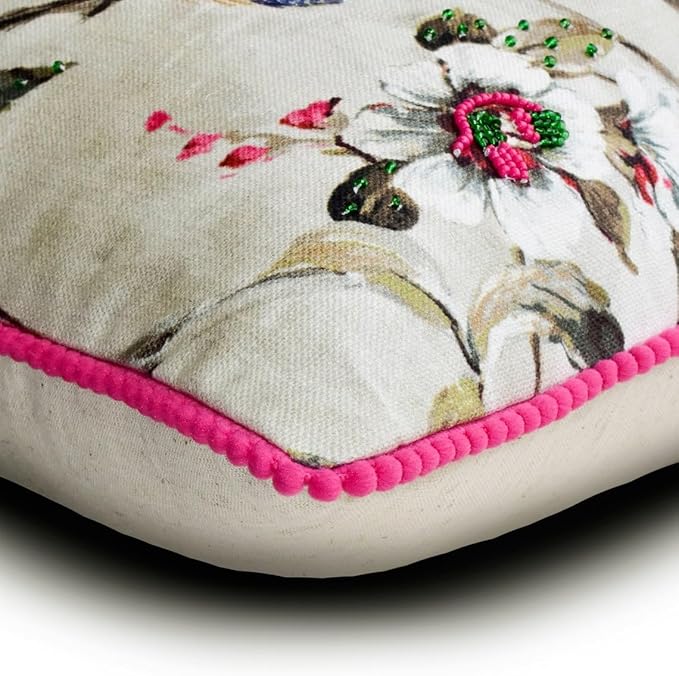 The HomeCentric King/Queen/Twin Pink & Purple Decorative CA King 86"x18" Bed Runner with One Pillow Cover, Peacock, Beaded, Pom Pom Lace Bed Scarf on Cotton Fabric - Pavo Paradiso