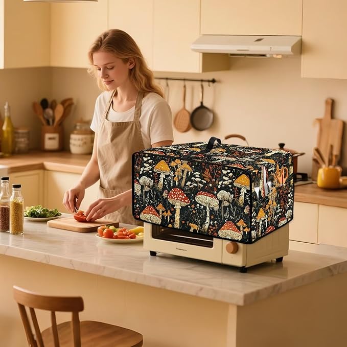 Dustproof Toaster Oven Cover Polyester-Linen Fabric Microwave Oven Dust Cover Foldable Kitchen Appliance Protector Dirt and Fingerprint Protection, Vintage Mushroom Plant Print, S