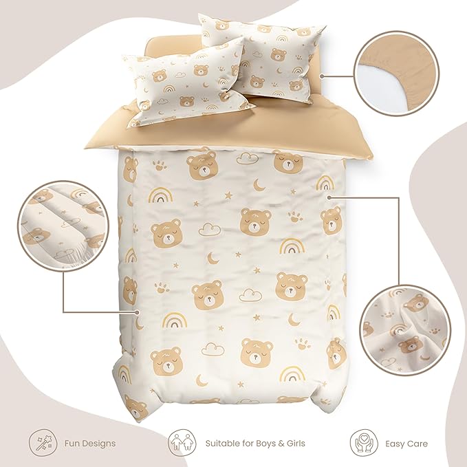 SANDJEST Bear Comforter Set Full Size 98x86in for Kids Boys Girls Unisex, Microfiber 4 Pcs Bedding Set Includes 1 Comforter, 2 Pillowcases, 1 Fitted Sheet, Nursery Room Decor