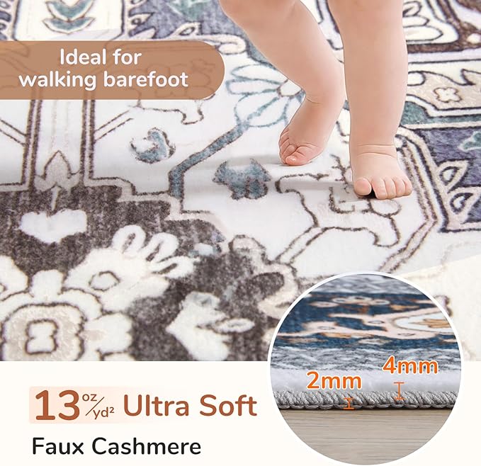OPPODREAM Thin Area Rugs 5x7, 5x7 Washable Rug with Non Slip Backing, 5 x 7 Faux Cashmere Low-Pile Carpet, Navy Blue & Gold