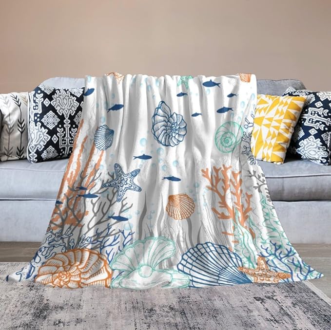 Nautical Coastal Blanket, Starfish Seashell Coral Beach Themed Drapes Ocean Orange Blue Teal Conch Print Throw Blankets for Sofa Couch Bed Room Birthday Decor, 30"x40"