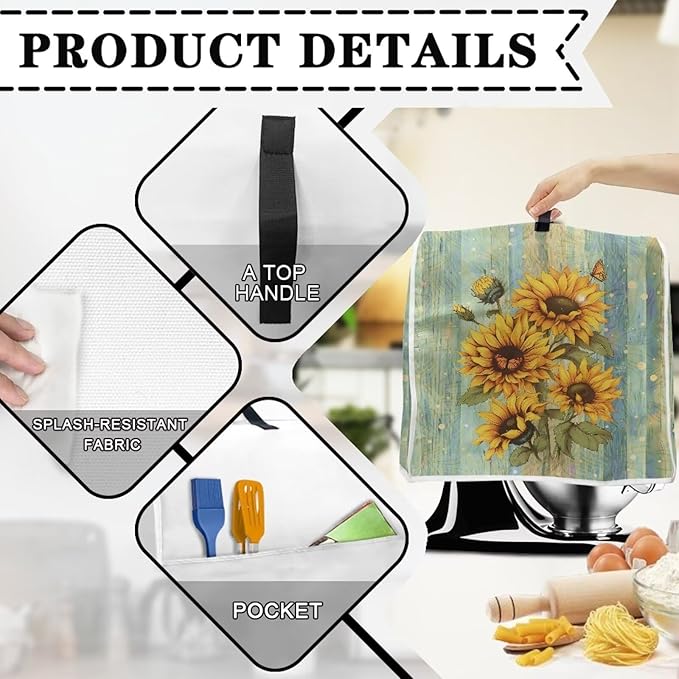 Sunflower Stand Mixer Cover Green Wood Grain Mixer Cover Dust Cover Compatible with 6-8 Quart Kitchen Mixer Anti-Stain Anti-Static Appliance Cover with Top Handl and Pockets