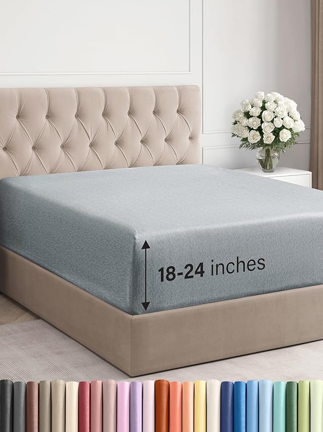 Extra Deep King Fitted Sheet - Hotel Luxury Single Fitted Sheet Only - Easily Fits 18 inch to 24 inch Mattress - Ultra Soft, Wrinkle Free with Extra Deep Pockets - Breathable & Comfy - Heathered Blue