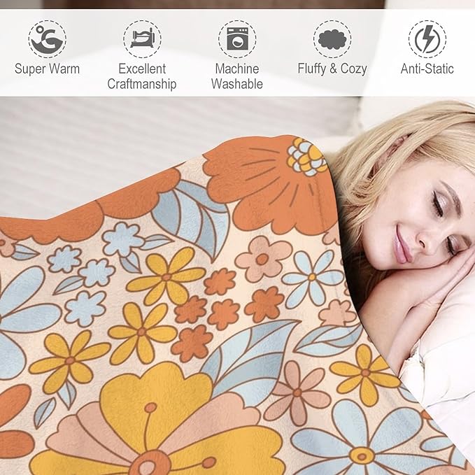 Retro 70s Floral Blanket, Hippie Summer Groovy Flower Power Flower Boho Print Throw Blanket for Couch Sofa Couch Chair 50"x60"