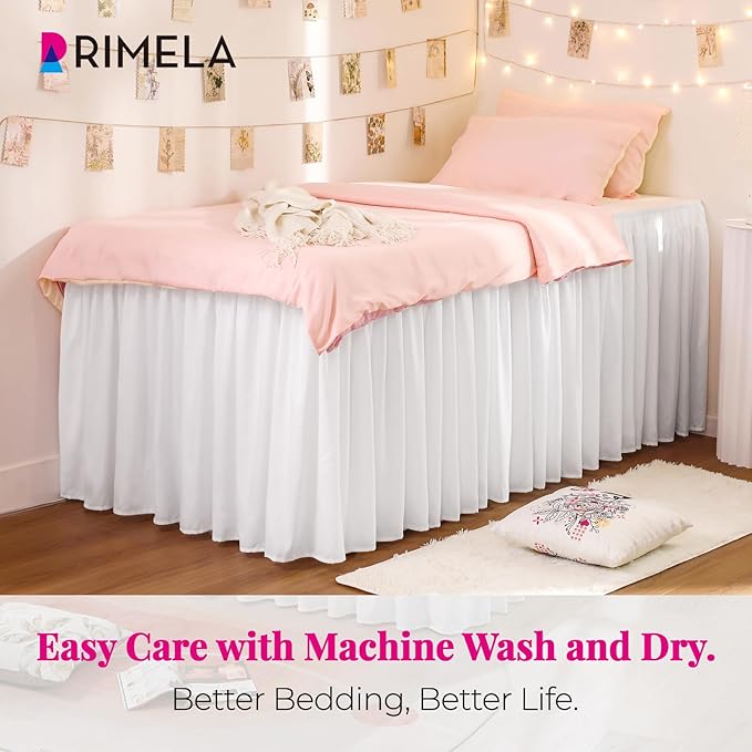 RIMELA Dorm Bed Skirt Twin XL 36 Inch Drop, Easy to Install Extra Long Wrap Around Elastic Dust Ruffle, White Bedskirt Solid Silky Fabric Machine Washable (Twin XL 80“L x 39”W & Twin 75“L x 39”W)