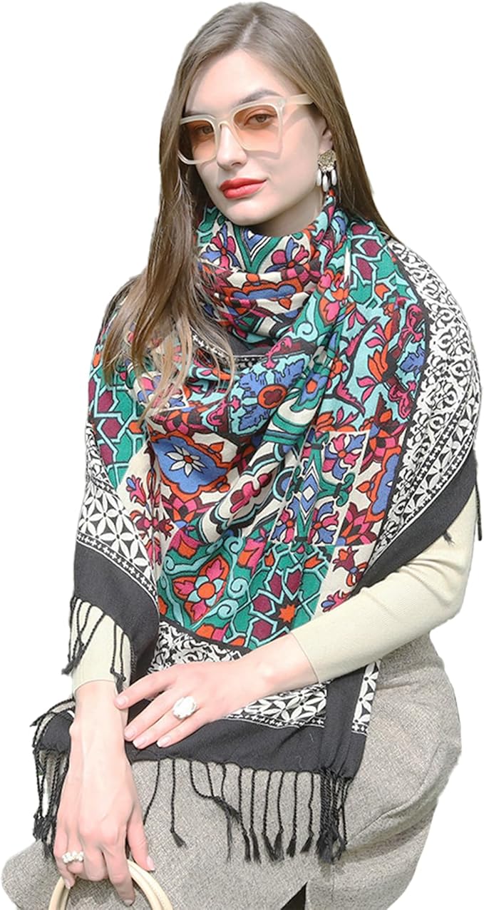 DANA XU 100% Merino Wool Extra Large Pashmina Blanket Travel Scarf Cashmere Wrap for Women Fall Winter Oversize Shawl Floral