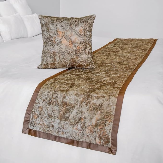 The HomeCentric King/Queen/Twin Copper Decorative CA King 86"x18" Bed Runner Without Pillow Cover, Beaded & Foil Bed Scarf on Silk Fabric - Aranka