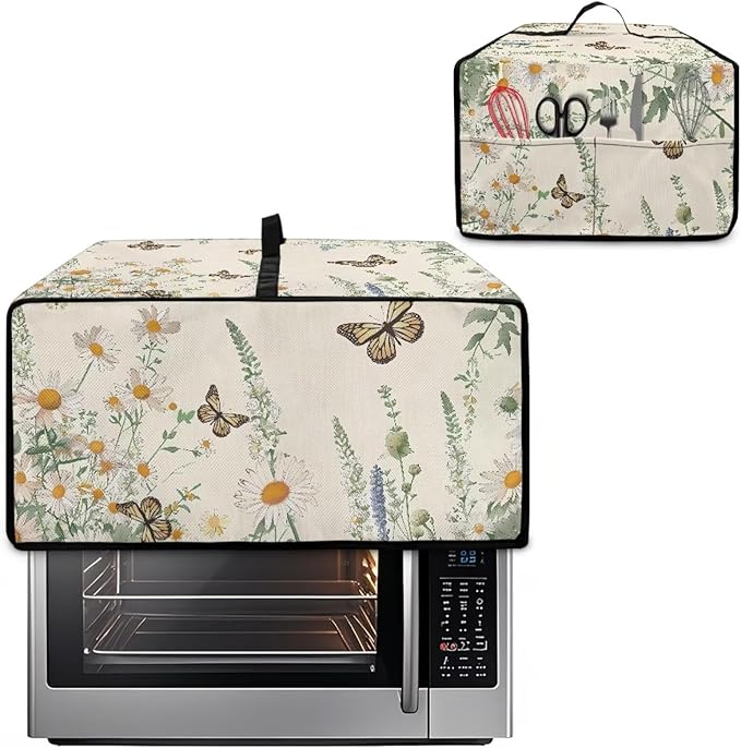 Butterfly Daisy Floral Print Microwave Oven Dust Cover Dust-Proof Heavy Duty Microwave Oven Cover with Storage Pockets Waterproof Decor Accessories for Kitchen, L