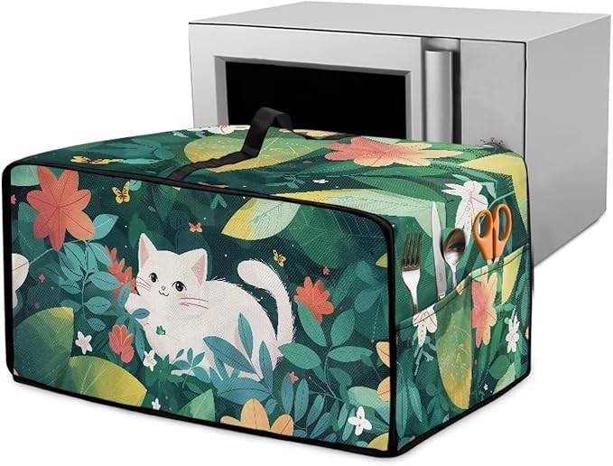 Air Fryer Toaster Oven Dust Cover Protective Convection Oven Cover with Pockets and Handle for Kitchen Countertop, S, 14.5 x 18.5 x 9 Inches, White Cat Green Leaf Flower
