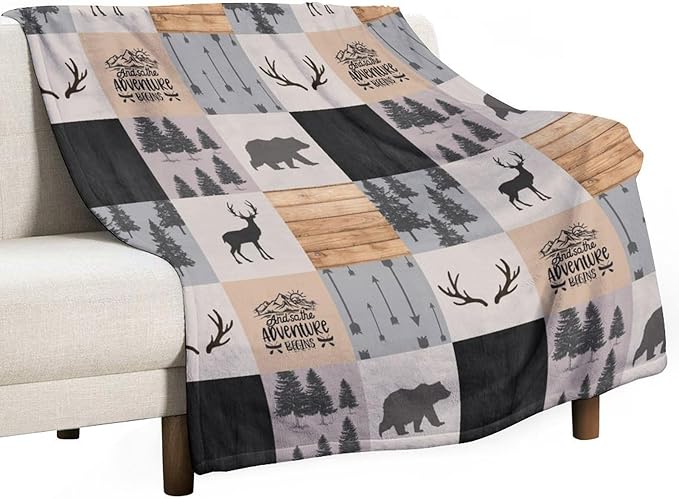 Rustic Cabin Throw Blanket, Retro Camping Bear Deer Farmhouse Wildlife Tree Forest Brown Gray Print Warm Flannel Blanket for Bedroom Camping Travel, 40"x50"