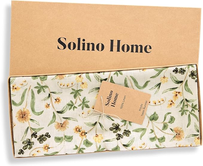 Solino Home 100% Pure Linen Table Runner 108 Inches Long - Multicolor Floral Print Table Runner 14 x 108 Inch - Handcrafted and Machine Washable - Fall Botanical Print
