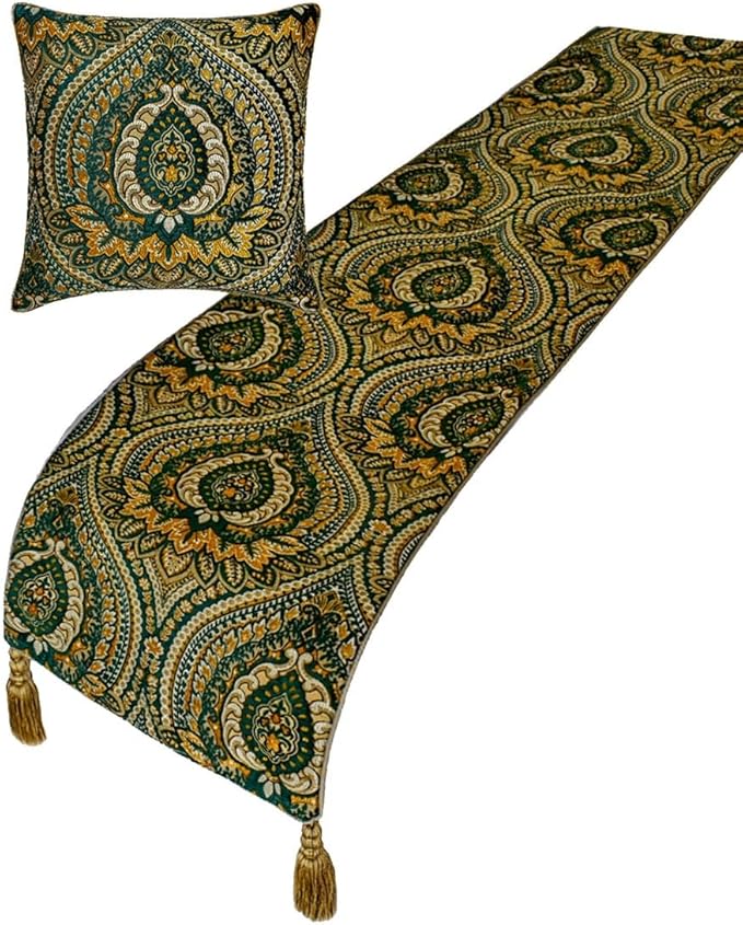 The HomeCentric King/Queen/Twin Green Luxury King 90"x18" Bed Runner with One Pillow Cover, Damask, Tassels & Tapestry Bed Scarf on Jacquard Fabric - Damask Tapestry
