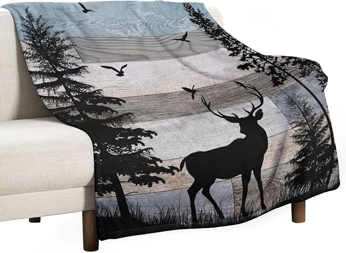 Rustic Deer Throw Blanket, Retro Cabin Farmhouse Country Lodge Blue Brown Wooden Board Wild Forest Animals Deer Bird Print Warm Cozy Blanket for Bed Couch Sofa Travel, 50"x60"